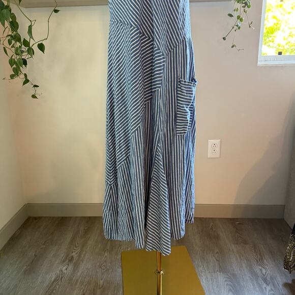 Unisono Blue White Striped Dress Women Large Lagenlook Pocket Artsy Boho Maxi - Picture 5 of 7